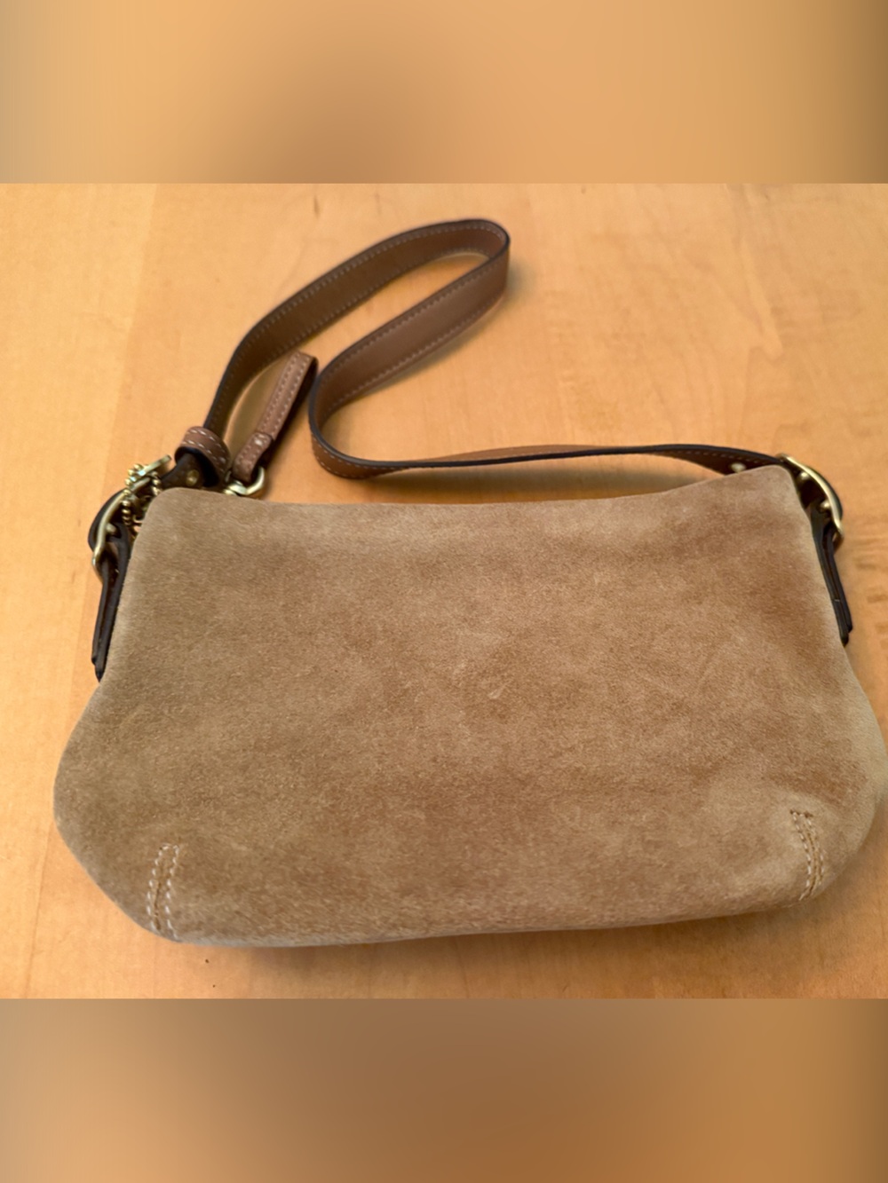 Coach Mini Suede Crossbody in Tan Brown with Leather Strap